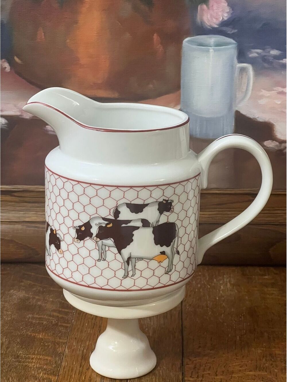 Takahashi ceramic pitcher with Holstein cow and chicken wire